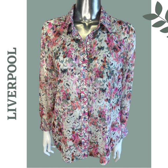 Liverpool Lightweight Floral Button Down Shirt Collar White Pink Size XS - Picture 1 of 7